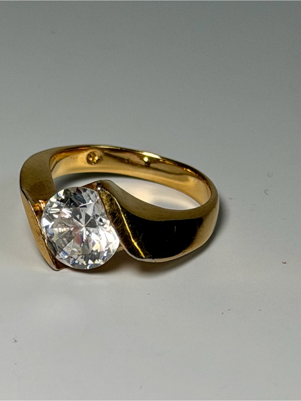 Vintage Gold Tone Solitaire Ring Large Clear Stone Size 8 Statement Ring
